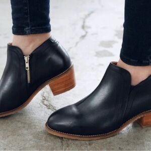 Women's Black Leather Ankle Booties with Side Zip and Wood-Look Heel
